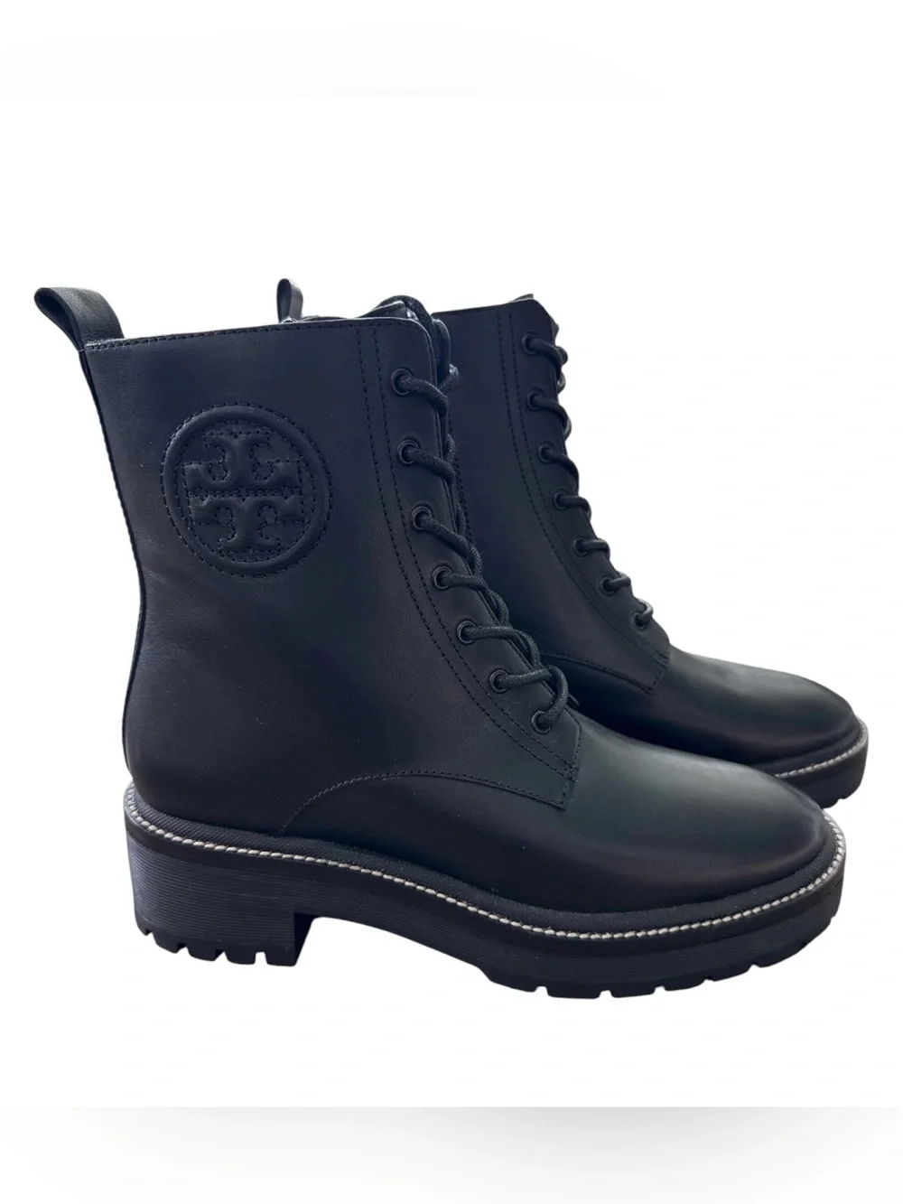 Tory Burch Lug Sole Ankle Boots Perfect Black Leather Lace Up Combat Size 7M New